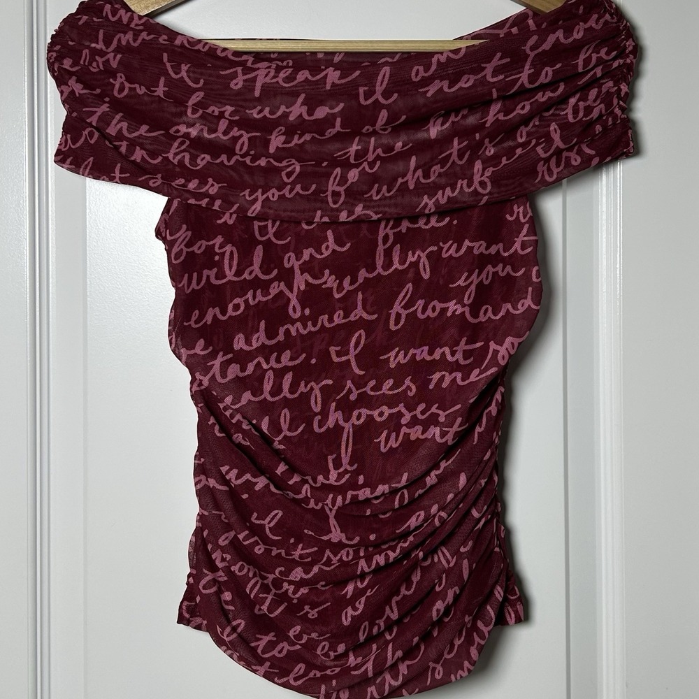 Maeve Anthropologie Burgundy Script Print Stretch Ruched Off-Shoulder Mesh Top